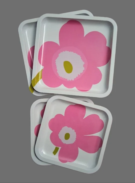 VTG Zak & Marimekko "Unikko" Set of 4 Pink and White Melamine Square Plates - Picture 1 of 9